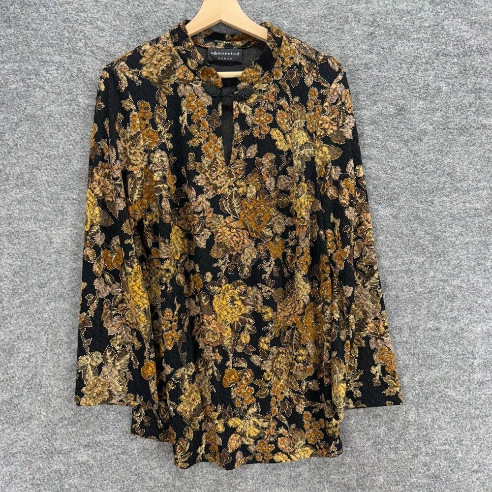 Connected Blouse Women 16W Plus Black Floral Long Sleeve V-Neck Pullover Casual